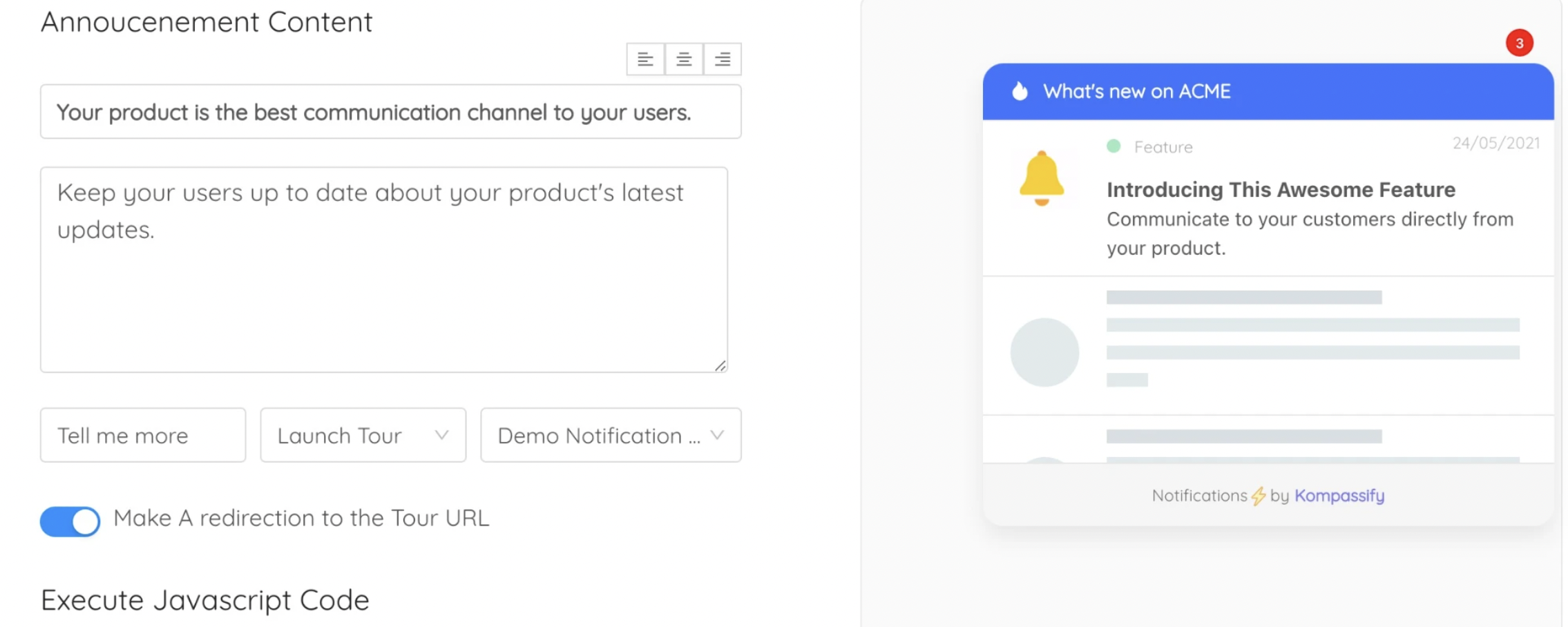 Building an in-app message in a no-code editor, with a live preview of the notification widget