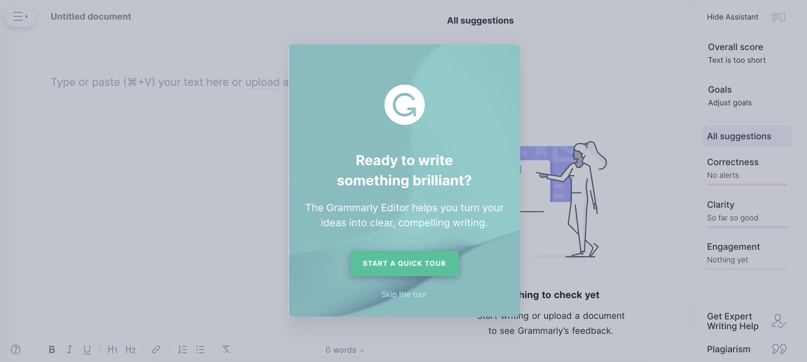 Grammarly user onboarding welcome message