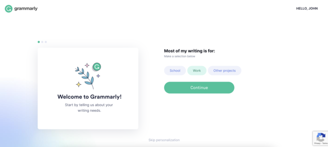 Grammarly user onboarding welcome message