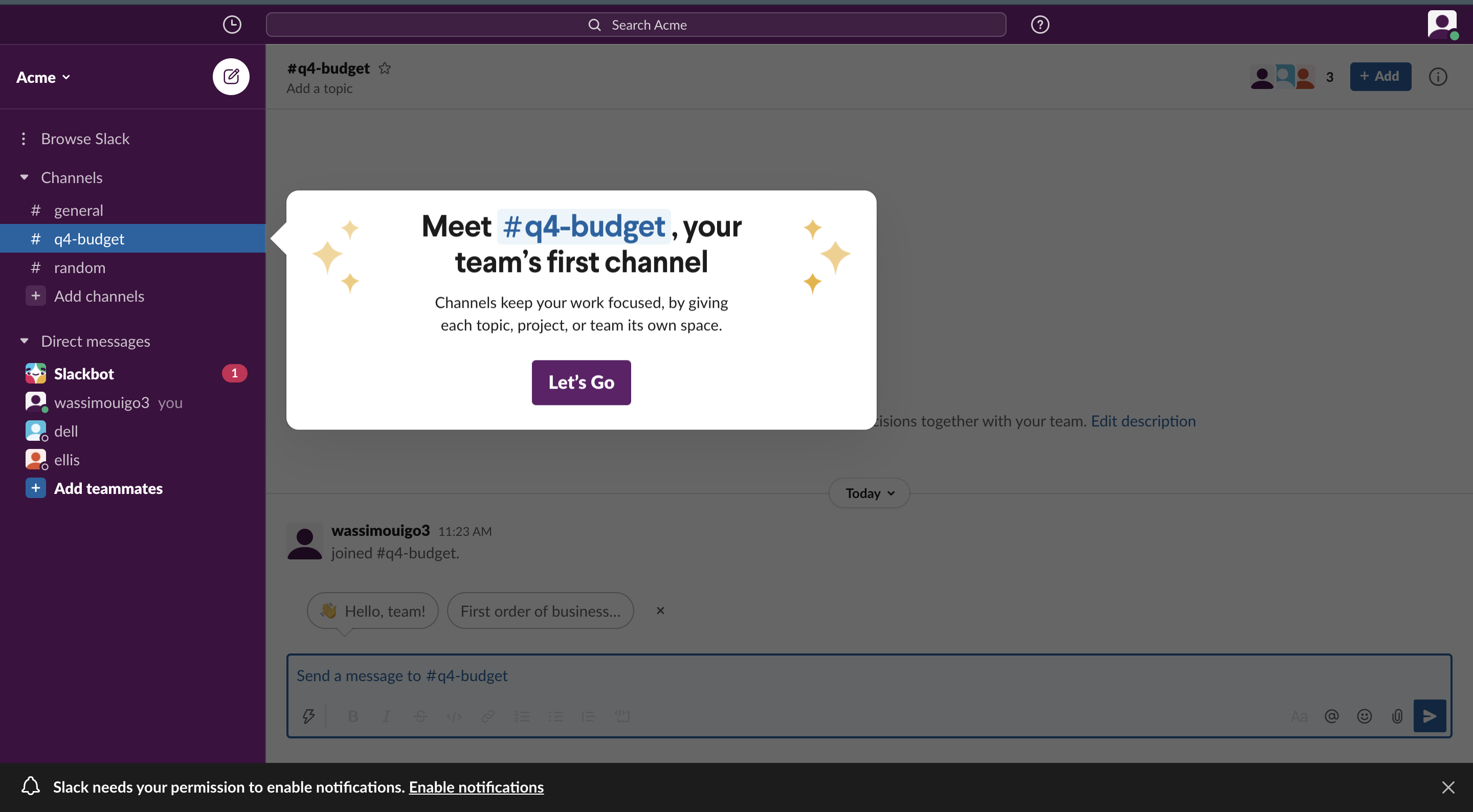 Slack user onboarding welcome tooltip