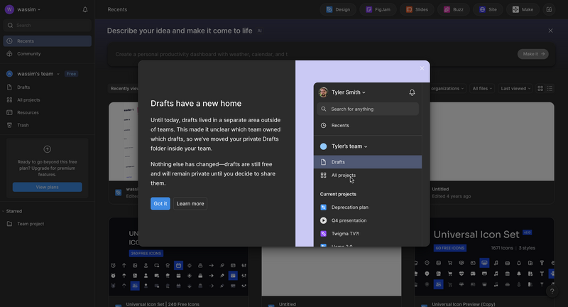 Figma Drafts have a new home modal announcement