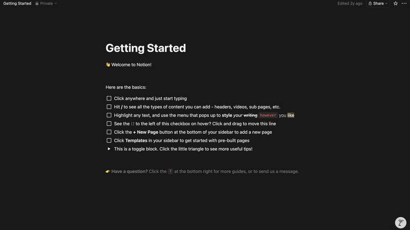 Notion Getting Started checklist page