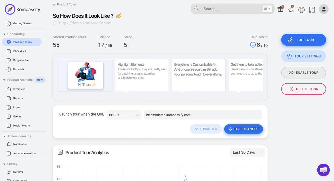 Kompassify's no-code builder with hotspots alongside product tours, checklists, and analytics — the dashboard where hotspot cards are created, targeted, and measured