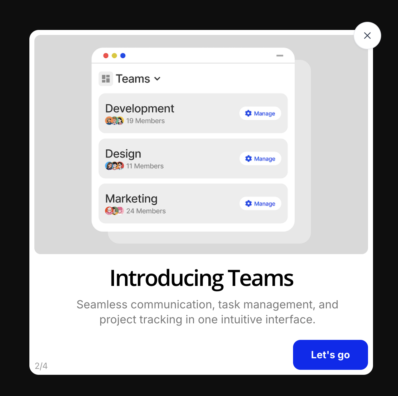 Product tour modal example showing a feature spotlight with a macOS-style app window preview of a Teams interface listing Development (19 members), Design (11 members), and Marketing (24 members), with the headline 'Introducing Teams' and a blue 'Let's go' CTA at step 2 of 4