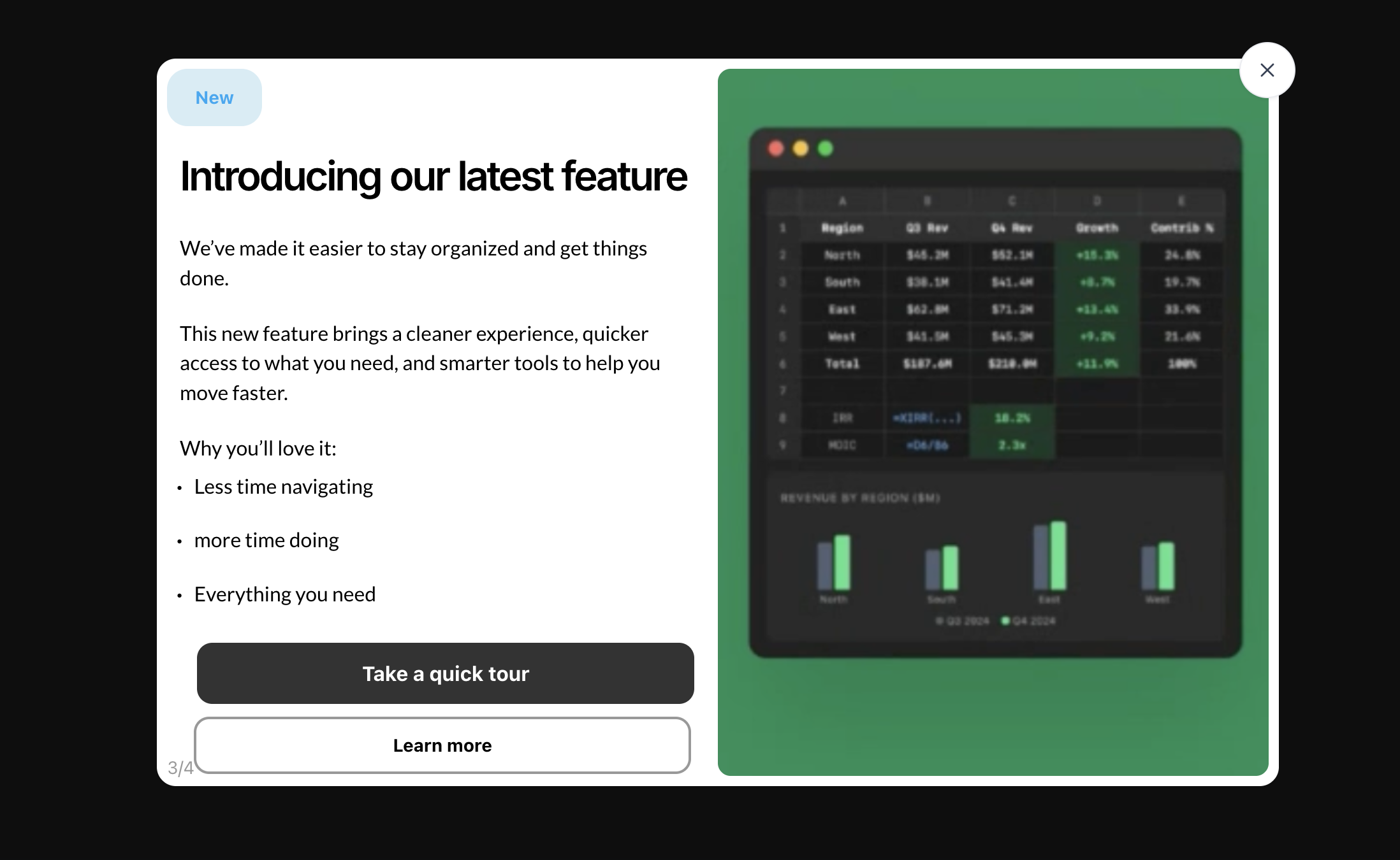 Product tour modal example showing a split-layout design with a left column containing a 'New' badge, the headline 'Introducing our latest feature', three bullet points listing benefits, and two CTAs ('Take a quick tour' in dark and 'Learn more' outlined), and a right column with a green background showing a dark-mode data dashboard screenshot, at step 3 of 4