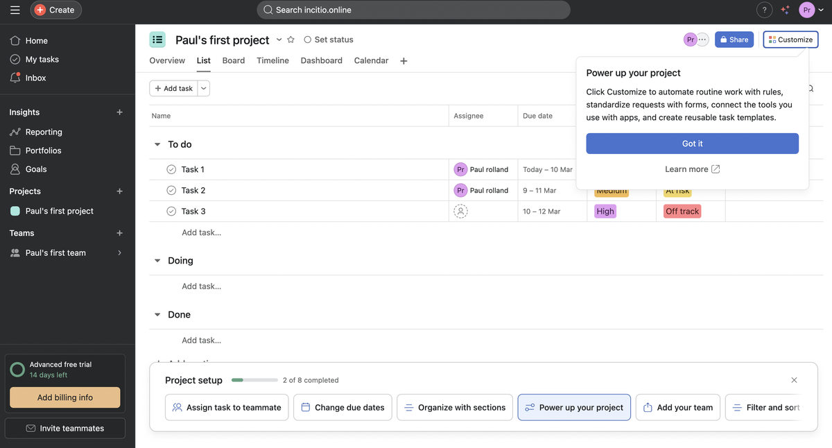Asana role product walkthrough