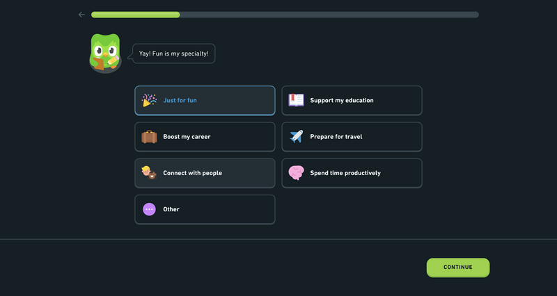 Duolingo onboarding progress bar as part of its product tour