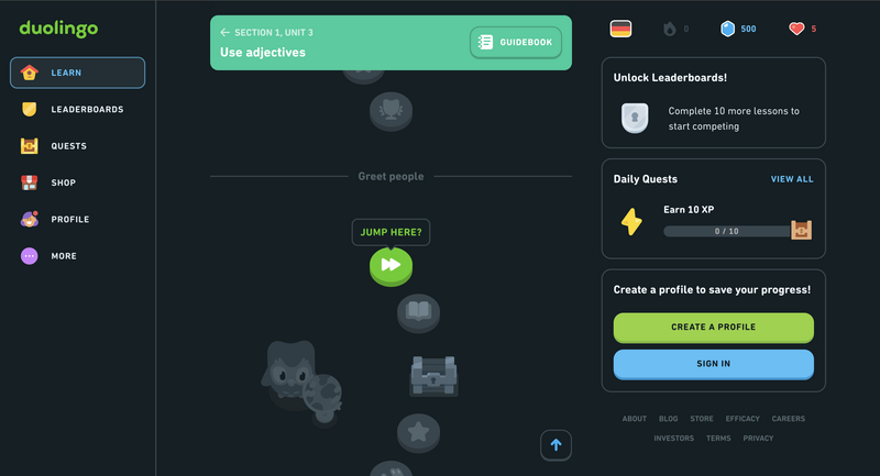 Duolingo incentive and motivation system during onboarding tour