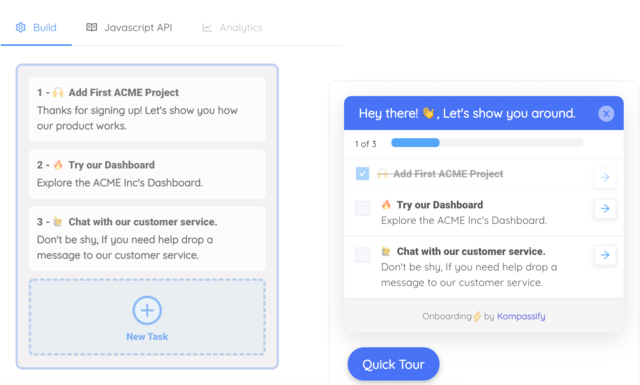 A no-code onboarding checklist with a progress bar built in Kompassify, showing 1 of 3 setup tasks completed and filling the bar