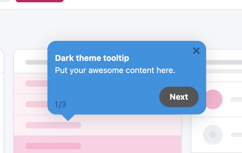 Onboarding tooltip example showing a dark tooltip with a dark charcoal background and white text, pointing at a UI element, designed to stand out with strong contrast against a light-coloured application interface